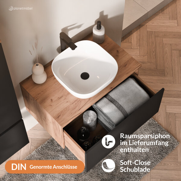 ARISA Badmöbel Set inkl. Hochschrank in Schwarz - Mit Spiegelschrank "ARIA" und weißem Keramik-Aufsatzwaschbecken 42 cm