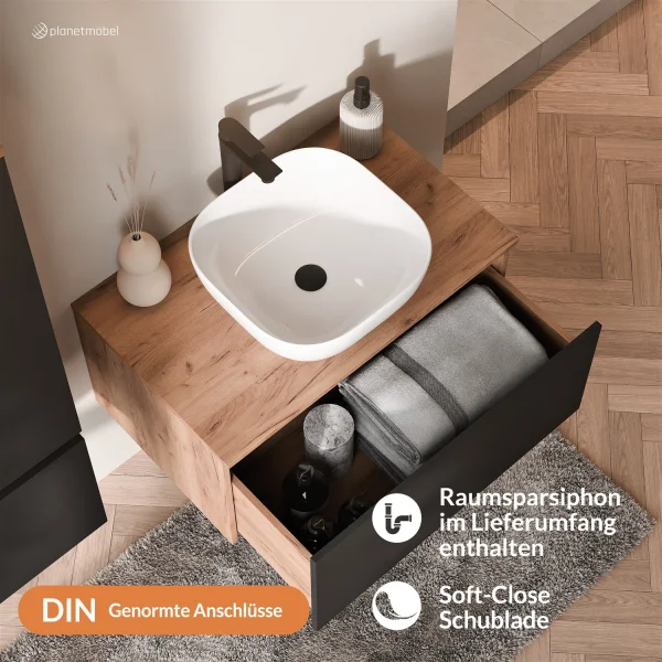 Ensemble de meubles de salle de bains ARISA avec armoire haute noire - Comprend une armoire de toilette « ARIA » et un lavabo à poser en céramique blanche de 42 cm