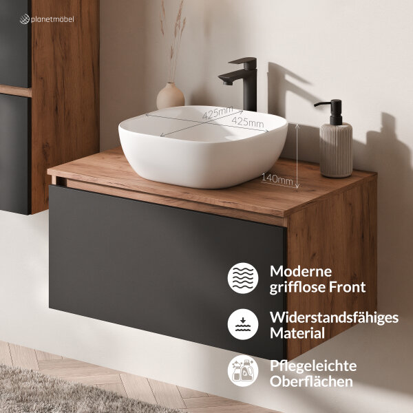 ARISA Badmöbel Set inkl. Hochschrank in Schwarz - Mit Spiegelschrank "ARIA" und weißem Keramik-Aufsatzwaschbecken 42 cm