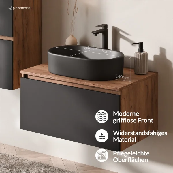 Ensemble de meubles de salle de bains ARISA avec armoire haute noire - Comprend une armoire de toilette « ARIA » et un lavabo à poser en céramique noir de 55 cm