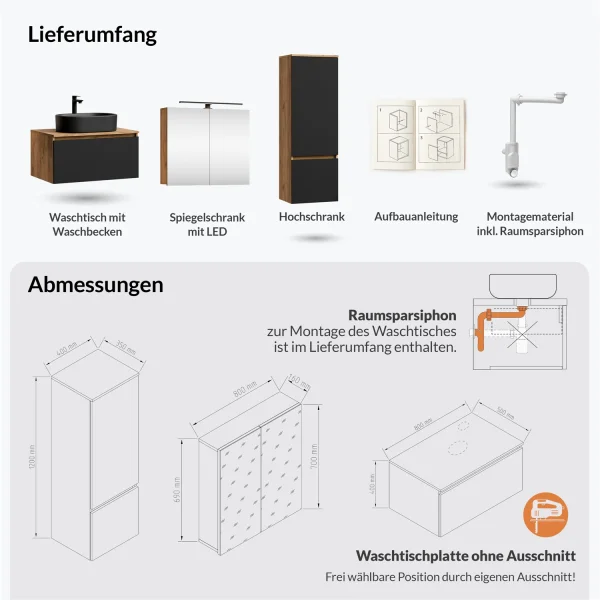Ensemble de meubles de salle de bains ARISA avec armoire haute noire - Comprend une armoire de toilette « ARIA » et un lavabo à poser en céramique noir de 55 cm