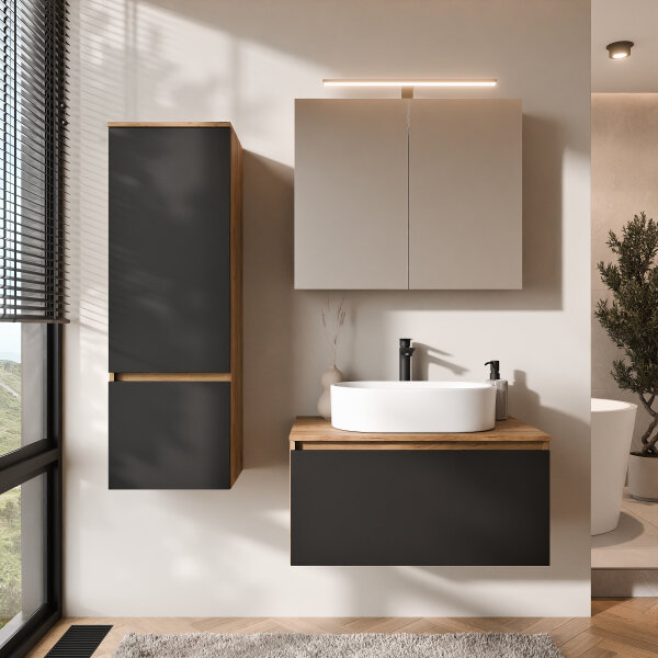 ARISA Badmöbel Set inkl. Hochschrank in Schwarz - Mit Spiegelschrank "ARIA" und weißem Keramik-Aufsatzwaschbecken 55 cm