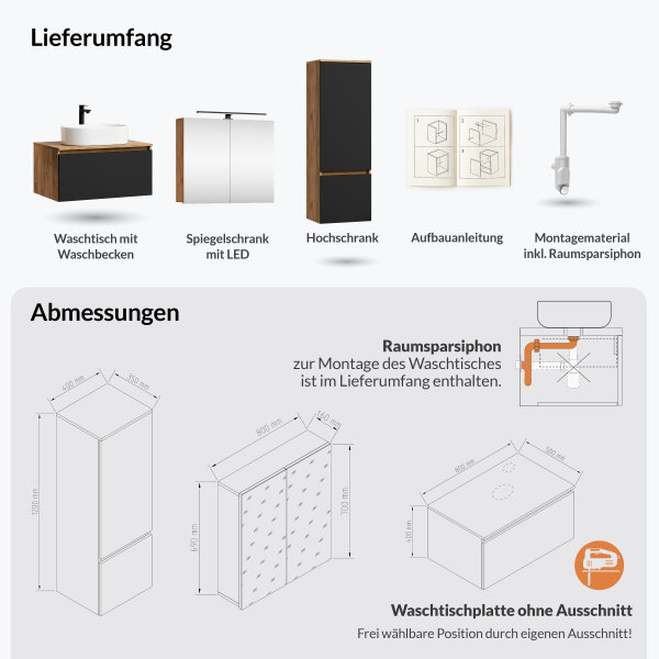 ARISA Badmöbel Set inkl. Hochschrank in Schwarz - Mit Spiegelschrank "ARIA" und weißem Keramik-Aufsatzwaschbecken 55 cm