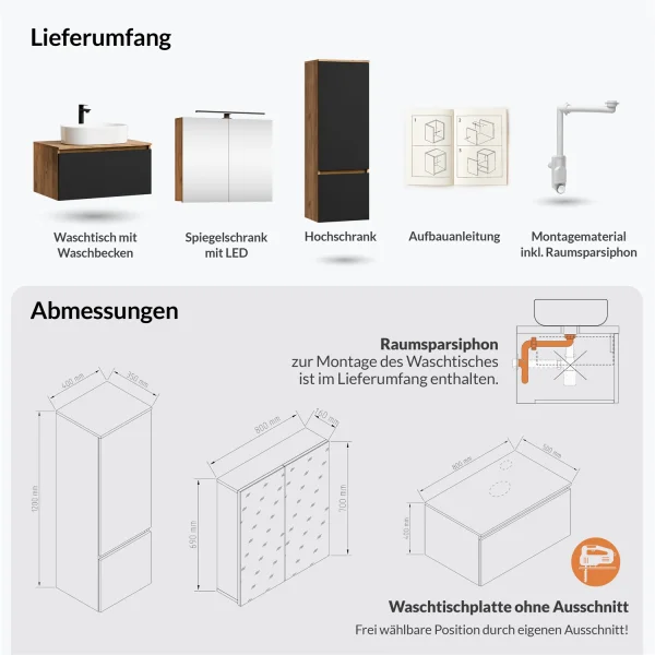 Ensemble de meubles de salle de bains ARISA avec armoire haute noire - Comprend une armoire de toilette « ARIA » et un lavabo à poser en céramique blanche de 55 cm