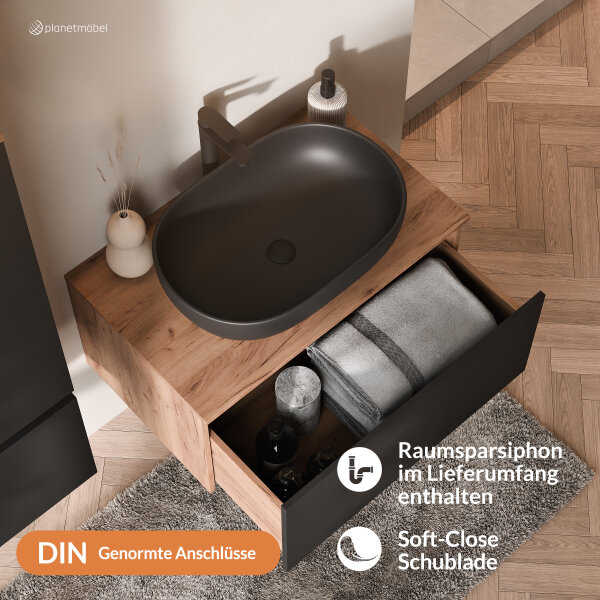 ARISA Badmöbel Set inkl. Hochschrank in Schwarz - Mit Spiegelschrank "ARIA" und schwarzem Keramik-Aufsatzwaschbecken 60 cm