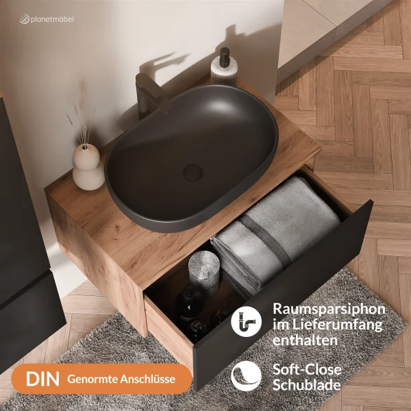 Ensemble de meubles de salle de bains ARISA avec armoire haute noire - Comprend une armoire de toilette « ARIA » et un lavabo à poser en céramique noir de 60 cm