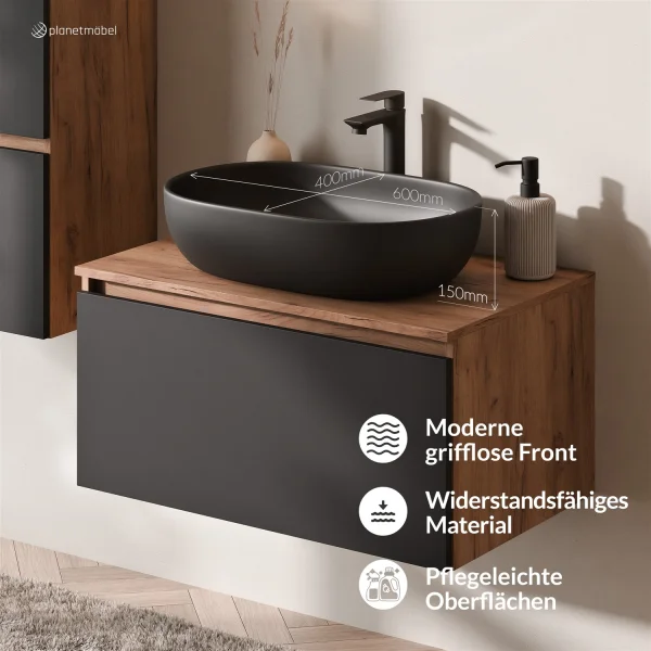Ensemble de meubles de salle de bains ARISA avec armoire haute noire - Comprend une armoire de toilette « ARIA » et un lavabo à poser en céramique noir de 60 cm