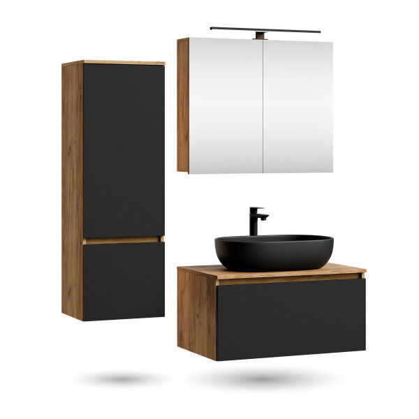 ARISA Badmöbel Set inkl. Hochschrank in Schwarz - Mit Spiegelschrank "ARIA" und schwarzem Keramik-Aufsatzwaschbecken 60 cm