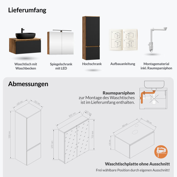 ARISA Badmöbel Set inkl. Hochschrank in Schwarz - Mit Spiegelschrank "ARIA" und schwarzem Keramik-Aufsatzwaschbecken 60 cm