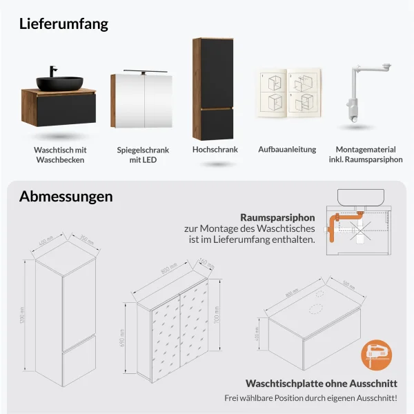 Ensemble de meubles de salle de bains ARISA avec armoire haute noire - Comprend une armoire de toilette « ARIA » et un lavabo à poser en céramique noir de 60 cm