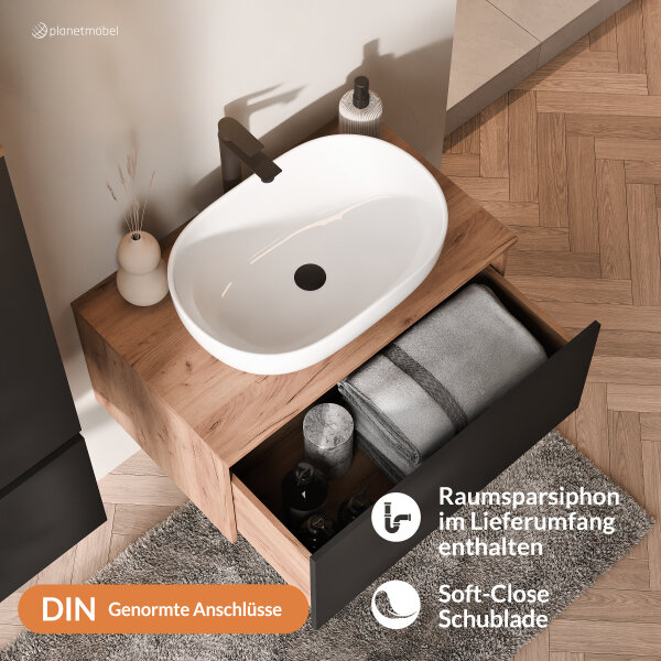 ARISA Badmöbel Set inkl. Hochschrank in Schwarz - Mit Spiegelschrank "ARIA" und weißem Keramik-Aufsatzwaschbecken 60 cm