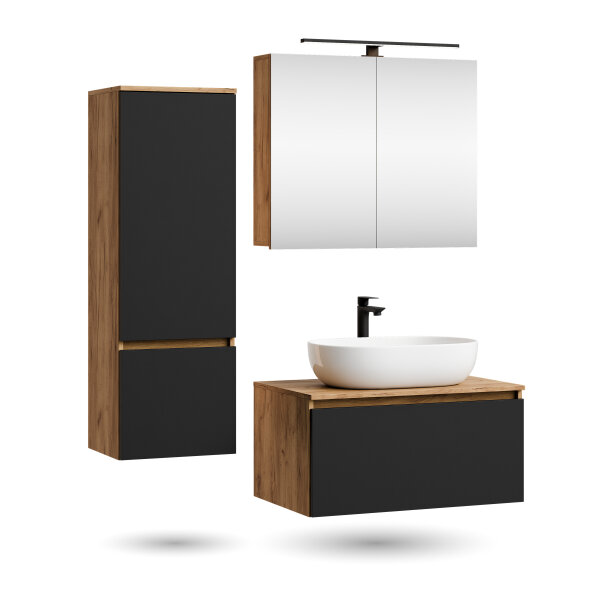 ARISA Badmöbel Set inkl. Hochschrank in Schwarz - Mit Spiegelschrank "ARIA" und weißem Keramik-Aufsatzwaschbecken 60 cm