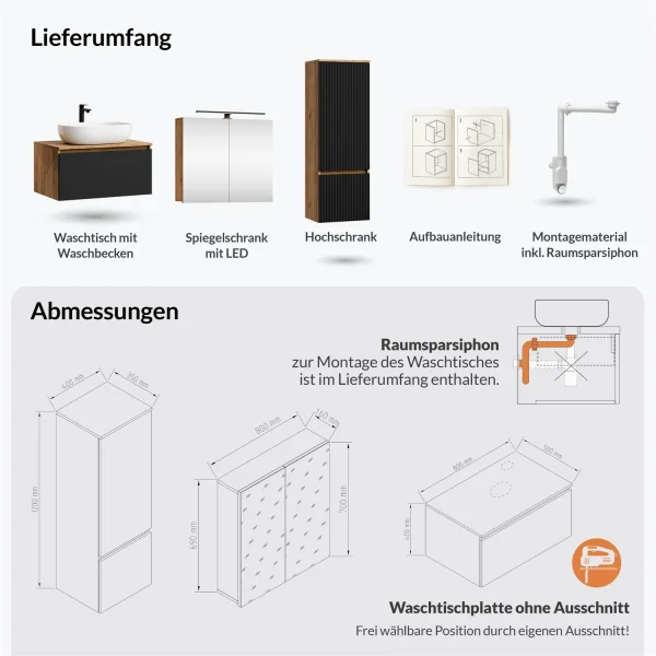 Ensemble de meubles de salle de bains ARISA avec armoire haute noire - Comprend une armoire de toilette « ARIA » et un lavabo à poser en céramique blanche de 60 cm