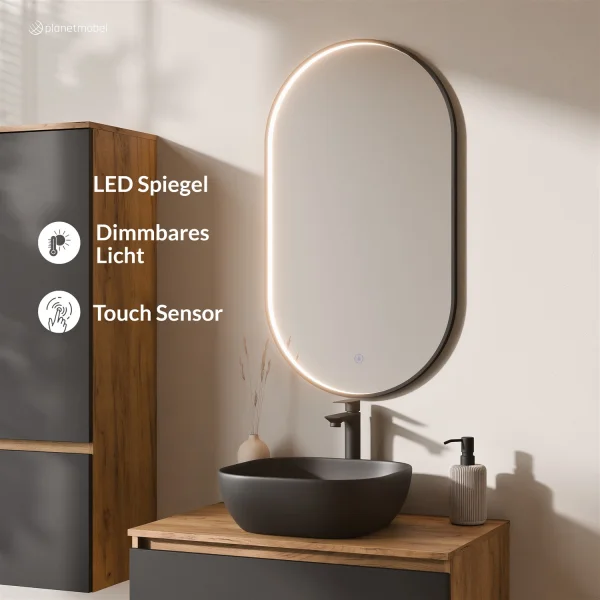 Ensemble de meubles de salle de bains ARISA avec armoire haute noire - comprenant un miroir LED « Glora » et un lavabo à poser en céramique noire de 42 cm