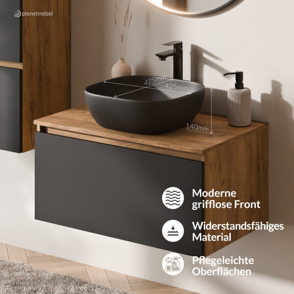 ARISA Badmöbel Set inkl. Hochschrank in Schwarz - mit "Glora" LED Spiegel und schwarzem Keramik-Aufsatzwaschbecken 42 cm