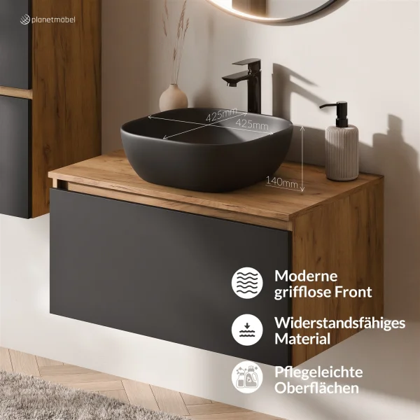 Ensemble de meubles de salle de bains ARISA avec armoire haute noire - comprenant un miroir LED « Glora » et un lavabo à poser en céramique noire de 42 cm
