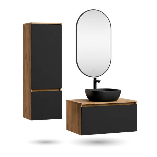 ARISA Badmöbel Set inkl. Hochschrank in Schwarz - mit "Glora" LED Spiegel und schwarzem Keramik-Aufsatzwaschbecken 42 cm