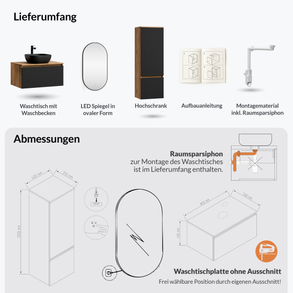 ARISA Badmöbel Set inkl. Hochschrank in Schwarz - mit "Glora" LED Spiegel und schwarzem Keramik-Aufsatzwaschbecken 42 cm