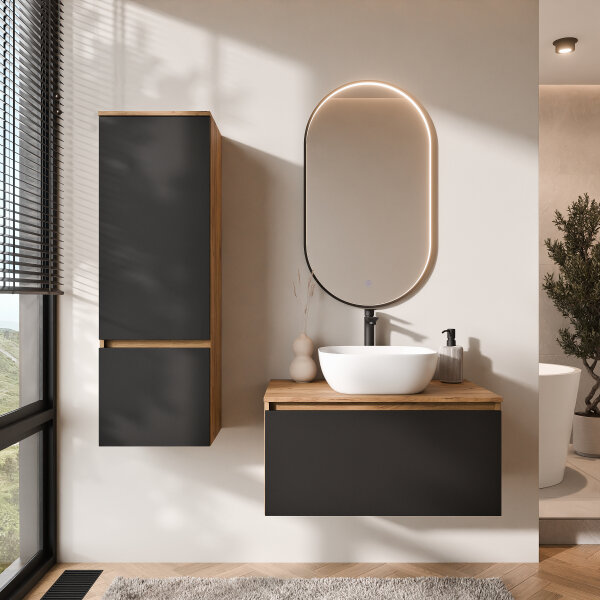 ARISA Badmöbel Set inkl. Hochschrank in Schwarz - mit "Glora" LED Spiegel und weißem Keramik-Aufsatzwaschbecken 42 cm