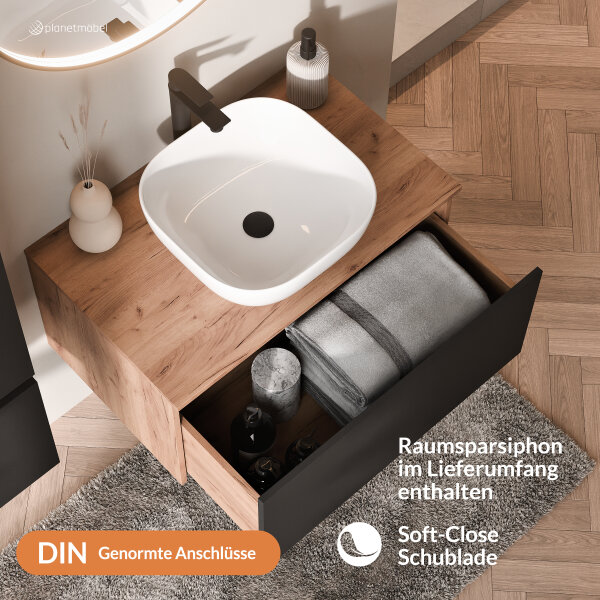 ARISA Badmöbel Set inkl. Hochschrank in Schwarz - mit "Glora" LED Spiegel und weißem Keramik-Aufsatzwaschbecken 42 cm