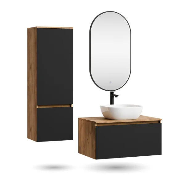 Ensemble de meubles de salle de bains ARISA avec armoire haute noire - comprenant un miroir LED « Glora » et un lavabo à poser en céramique blanche de 42 cm