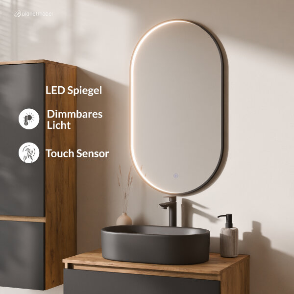 ARISA Badmöbel Set inkl. Hochschrank in Schwarz - mit "Glora" LED Spiegel und schwarzem Keramik-Aufsatzwaschbecken 55 cm