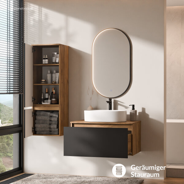 ARISA Badmöbel Set inkl. Hochschrank in Schwarz - mit "Glora" LED Spiegel und weißem Keramik-Aufsatzwaschbecken 55 cm