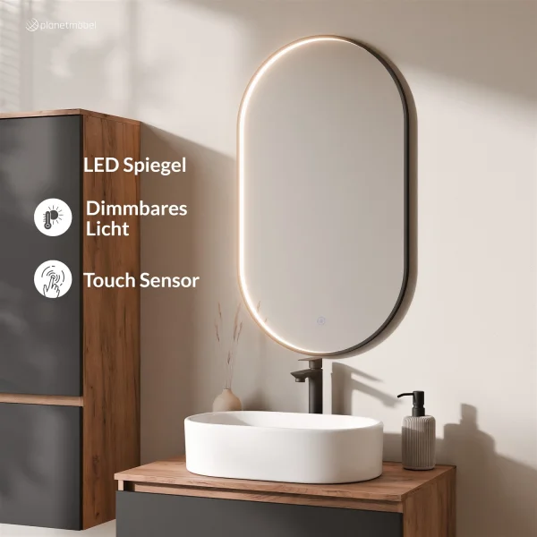 Ensemble de meubles de salle de bains ARISA avec armoire haute noire - comprenant un miroir LED « Glora » et un lavabo à poser en céramique blanche de 55 cm