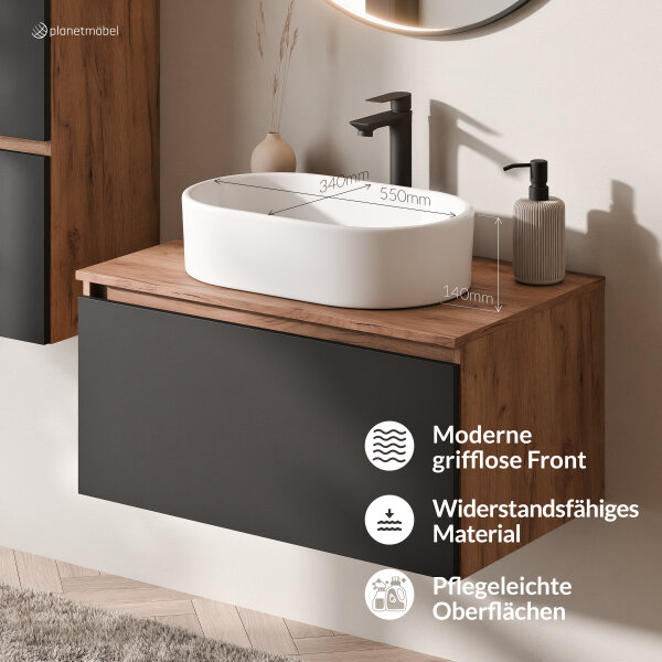 ARISA Badmöbel Set inkl. Hochschrank in Schwarz - mit "Glora" LED Spiegel und weißem Keramik-Aufsatzwaschbecken 55 cm