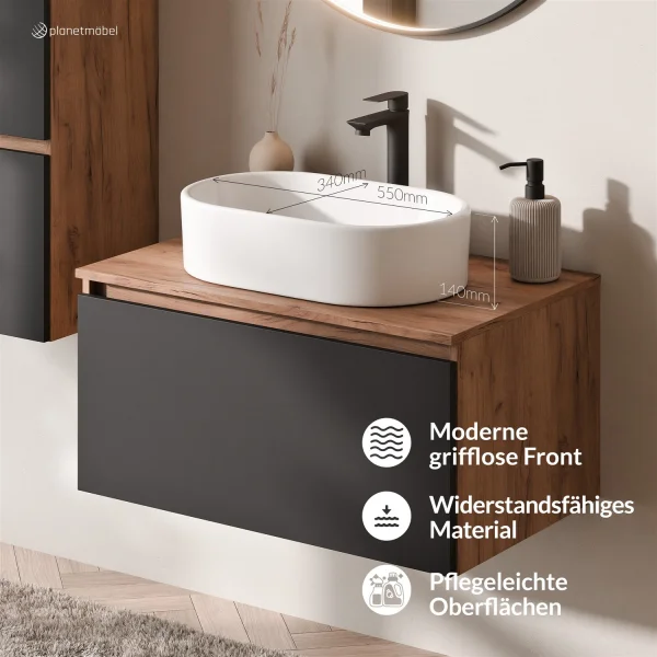 Ensemble de meubles de salle de bains ARISA avec armoire haute noire - comprenant un miroir LED « Glora » et un lavabo à poser en céramique blanche de 55 cm