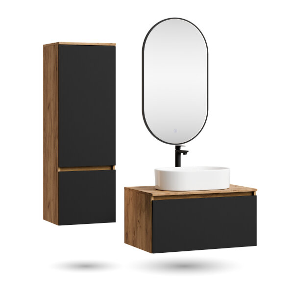 ARISA Badmöbel Set inkl. Hochschrank in Schwarz - mit "Glora" LED Spiegel und weißem Keramik-Aufsatzwaschbecken 55 cm