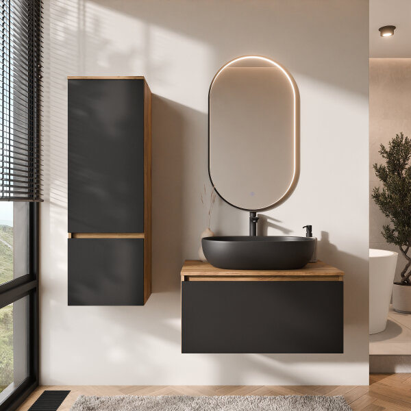 ARISA Badmöbel Set inkl. Hochschrank in Schwarz - mit "Glora" LED Spiegel und schwarzem Keramik-Aufsatzwaschbecken 60 cm