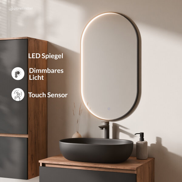 ARISA Badmöbel Set inkl. Hochschrank in Schwarz - mit "Glora" LED Spiegel und schwarzem Keramik-Aufsatzwaschbecken 60 cm