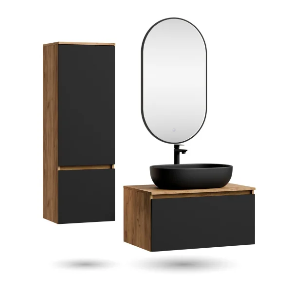 Ensemble de meubles de salle de bains ARISA avec armoire haute noire - comprenant un miroir LED « Glora » et un lavabo à poser en céramique noire de 60 cm