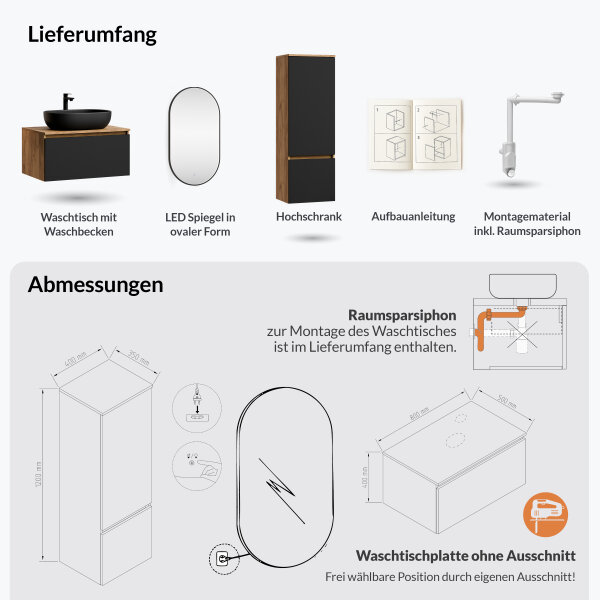 ARISA Badmöbel Set inkl. Hochschrank in Schwarz - mit "Glora" LED Spiegel und schwarzem Keramik-Aufsatzwaschbecken 60 cm