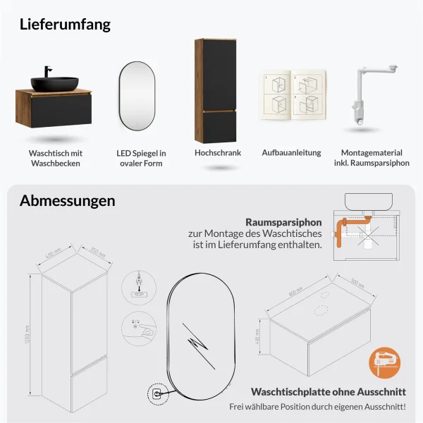 Ensemble de meubles de salle de bains ARISA avec armoire haute noire - comprenant un miroir LED « Glora » et un lavabo à poser en céramique noire de 60 cm