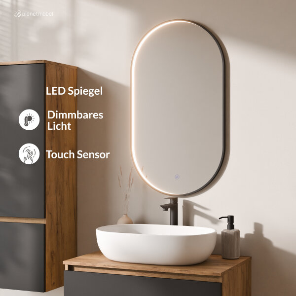 ARISA Badmöbel Set inkl. Hochschrank in Schwarz - mit "Glora" LED Spiegel und weißem Keramik-Aufsatzwaschbecken 60 cm