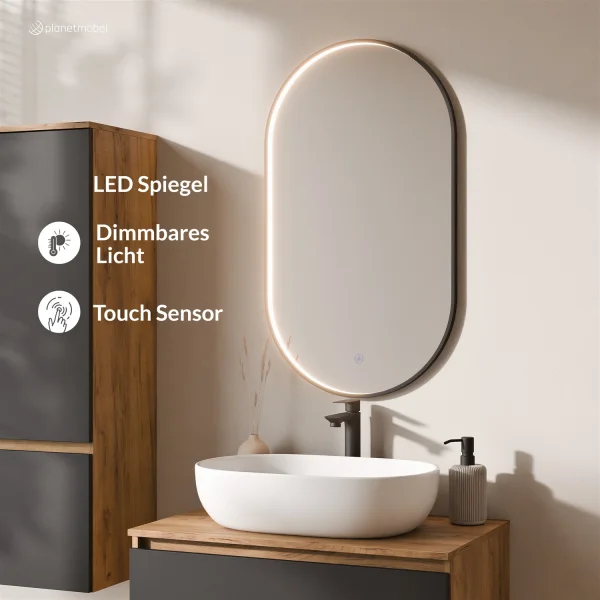 Ensemble de meubles de salle de bains ARISA avec armoire haute noire - comprenant un miroir LED « Glora » et un lavabo à poser en céramique blanche de 60 cm