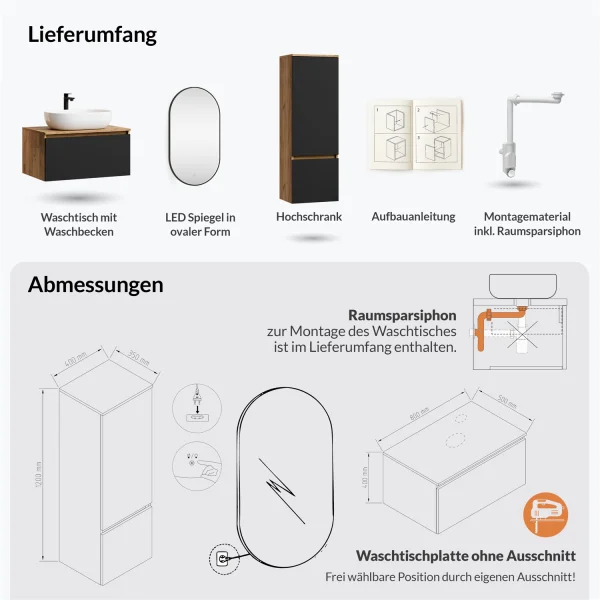 Ensemble de meubles de salle de bains ARISA avec armoire haute noire - comprenant un miroir LED « Glora » et un lavabo à poser en céramique blanche de 60 cm