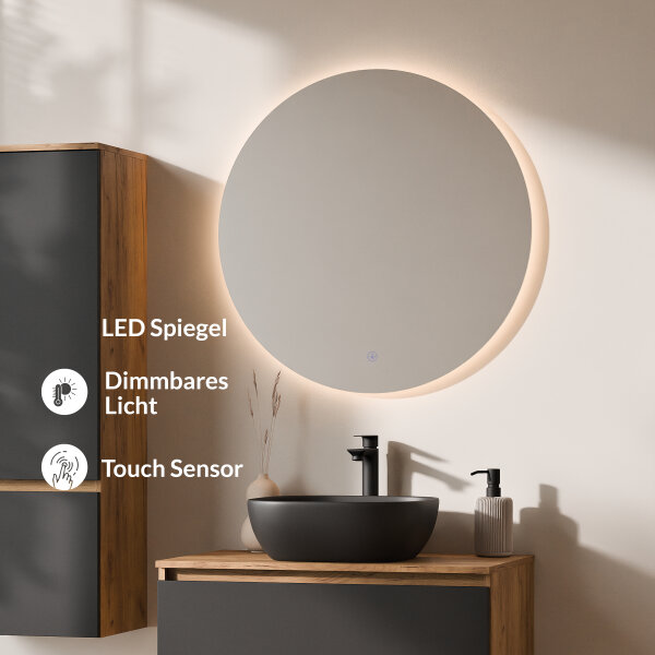 ARISA Badmöbel Set inkl. Hochschrank in Schwarz – Mit Nova LED Spiegel und schwarzem Keramik-Aufsatzwaschbecken 42 cm