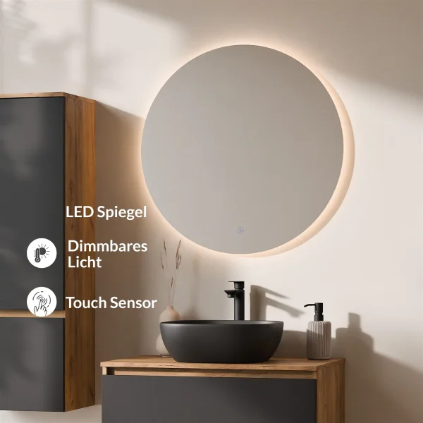 Ensemble de meubles de salle de bains ARISA avec armoire haute noire – Avec miroir Nova à LED et lavabo à poser en céramique noire de 42 cm