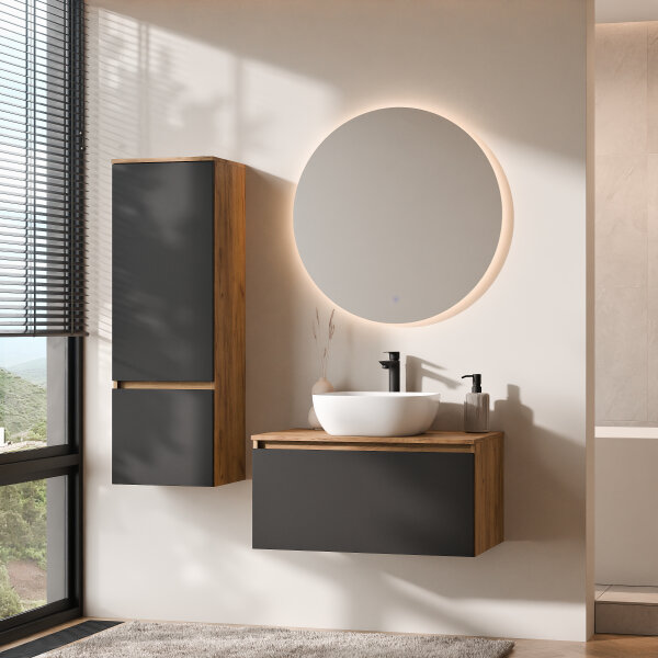 ARISA Badmöbel Set inkl. Hochschrank in Schwarz – Mit Nova LED Spiegel und weißem Keramik-Aufsatzwaschbecken 42 cm