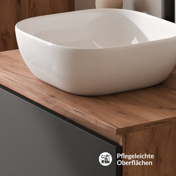 ARISA Badmöbel Set inkl. Hochschrank in Schwarz – Mit Nova LED Spiegel und weißem Keramik-Aufsatzwaschbecken 42 cm