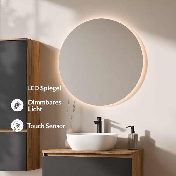 ARISA Badmöbel Set inkl. Hochschrank in Schwarz – Mit Nova LED Spiegel und weißem Keramik-Aufsatzwaschbecken 42 cm