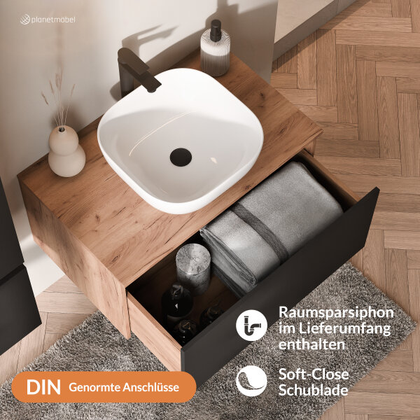 ARISA Badmöbel Set inkl. Hochschrank in Schwarz – Mit Nova LED Spiegel und weißem Keramik-Aufsatzwaschbecken 42 cm