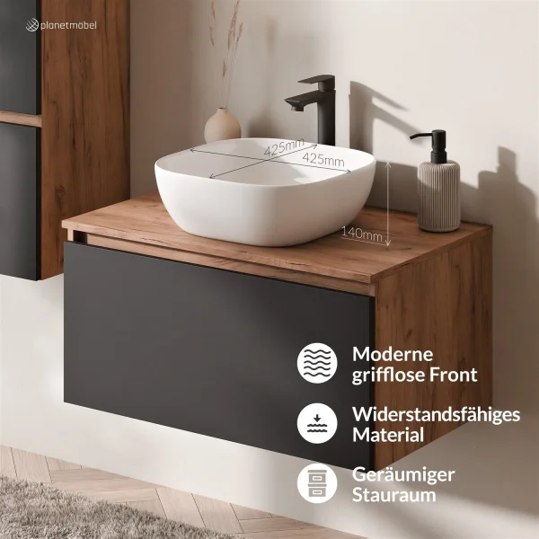 Ensemble de meubles de salle de bains ARISA avec armoire haute noire – Avec miroir Nova à LED et lavabo à poser en céramique blanche de 42 cm
