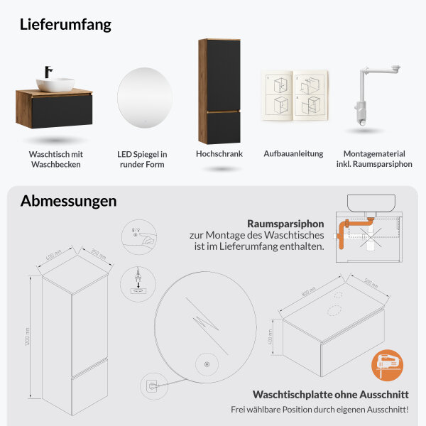 ARISA Badmöbel Set inkl. Hochschrank in Schwarz – Mit Nova LED Spiegel und weißem Keramik-Aufsatzwaschbecken 42 cm
