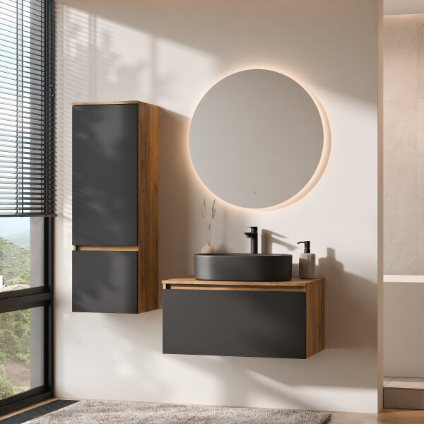 ARISA Badmöbel Set inkl. Hochschrank in Schwarz – Mit Nova LED Spiegel und schwarzem Keramik-Aufsatzwaschbecken 55 cm