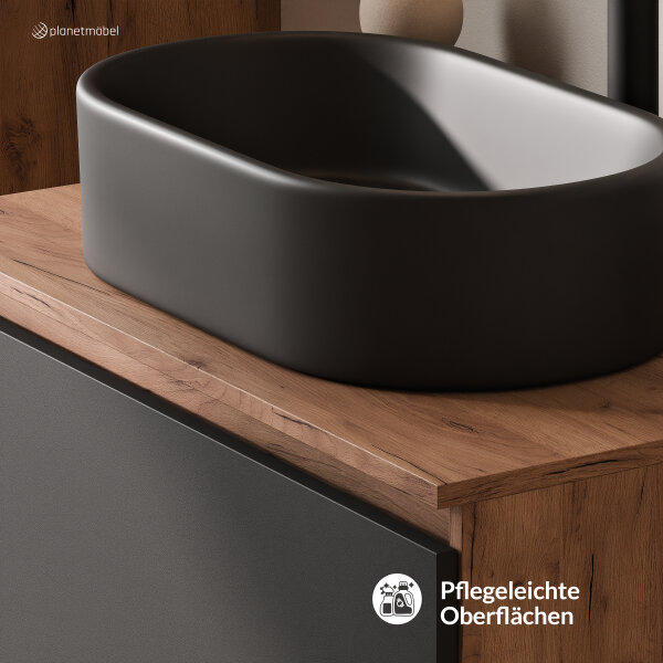 ARISA Badmöbel Set inkl. Hochschrank in Schwarz – Mit Nova LED Spiegel und schwarzem Keramik-Aufsatzwaschbecken 55 cm