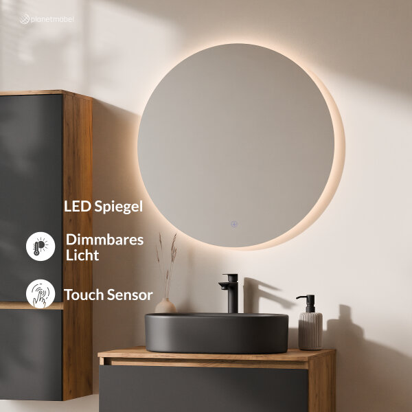 ARISA Badmöbel Set inkl. Hochschrank in Schwarz – Mit Nova LED Spiegel und schwarzem Keramik-Aufsatzwaschbecken 55 cm